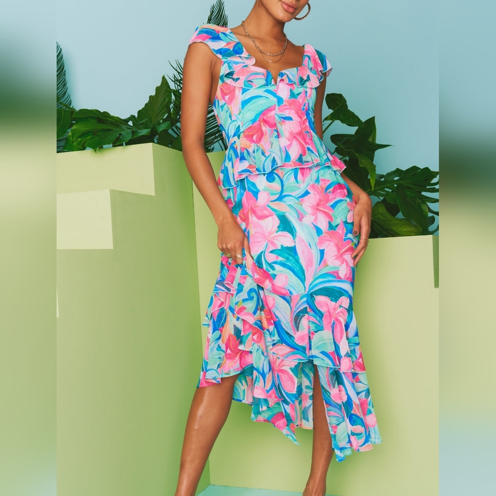 NWT Show me your‎ Mumu Reese Ruffle Floral Smocked Midi Dress XS